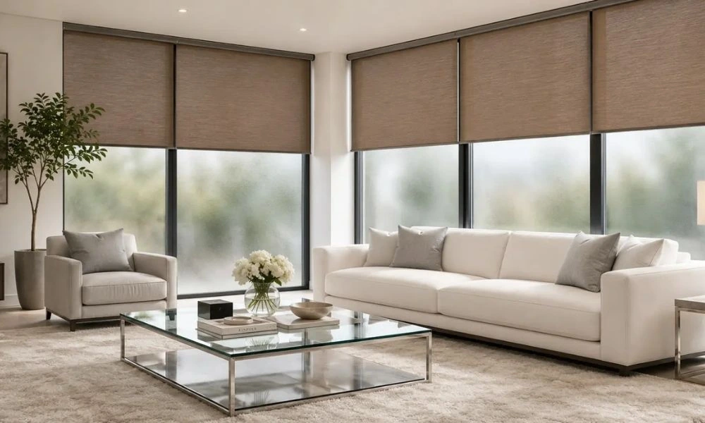Modern warm brown fabric roller blinds