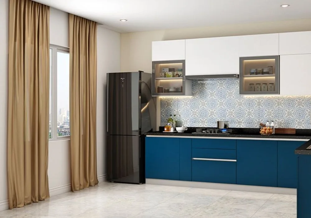 Golden satin curtains beside blue cabinets