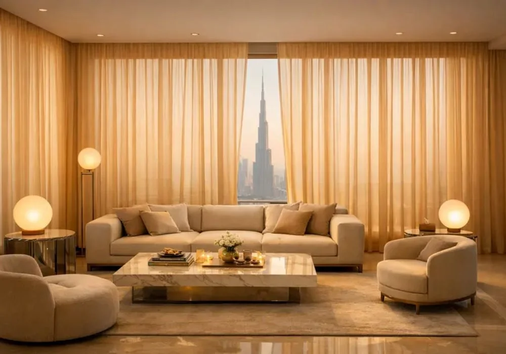 Sheer golden living room curtains Burj view