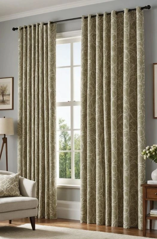 Sage green leaf print linen curtains