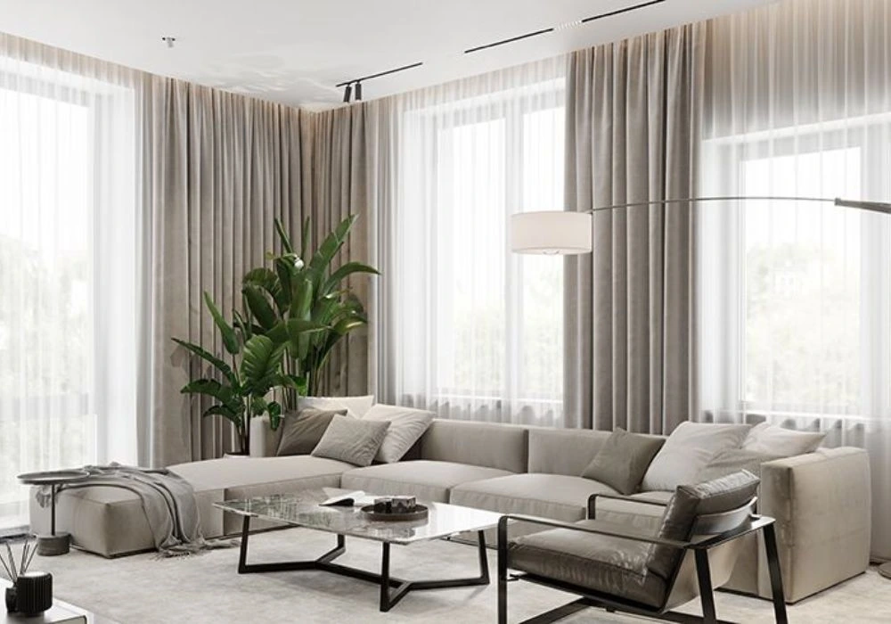 Soft grey living room curtains corner window