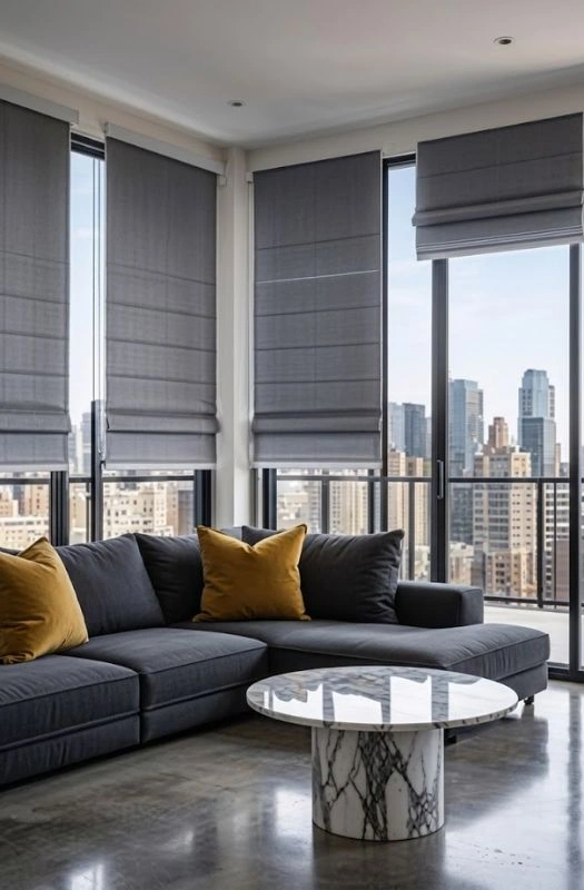 Dark grey roman blinds high apartment