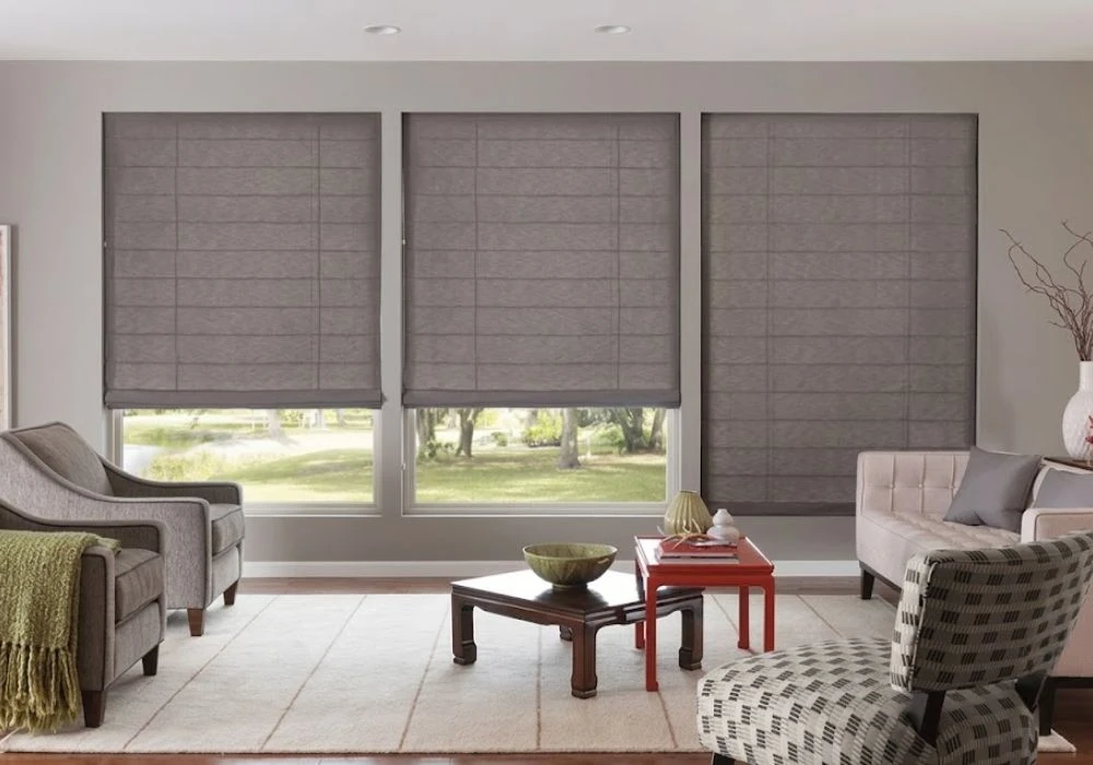 Charcoal grey roman blinds living room