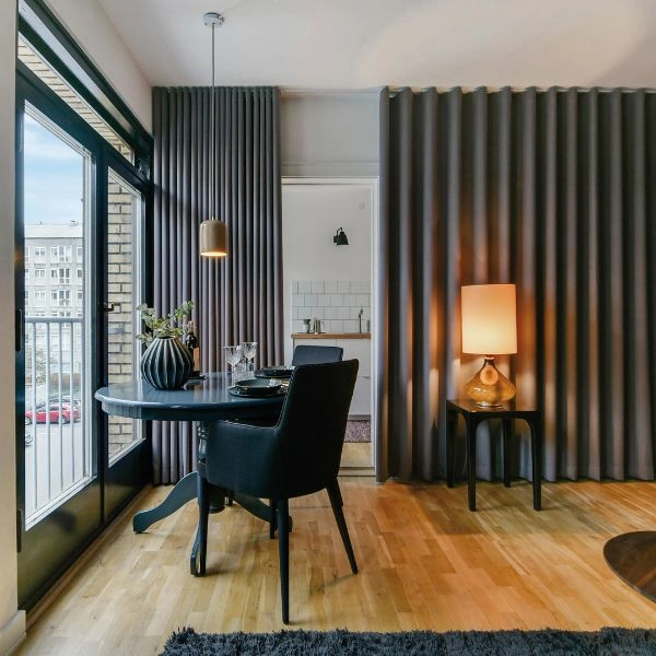 Premium grey soundproof curtains dining area