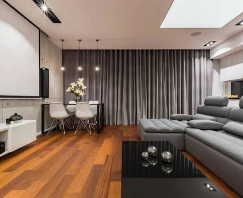 Sleek grey soundproof curtains dining area