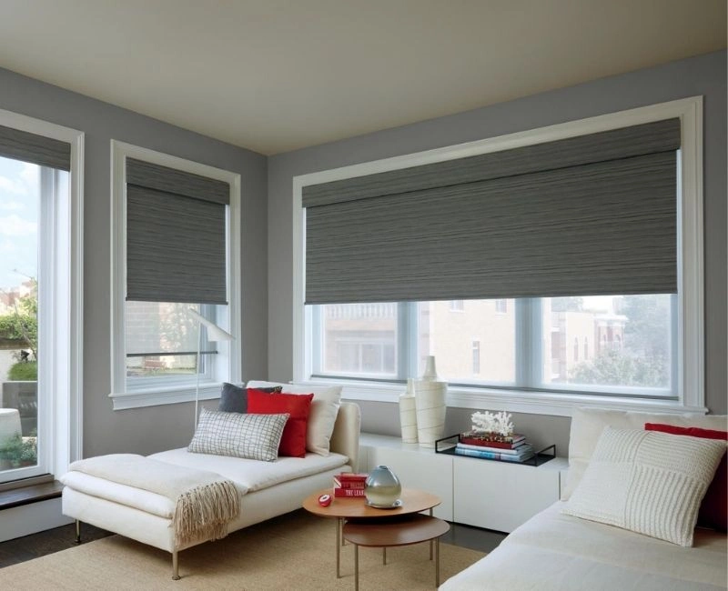 Grey woven fabric room darkening blinds