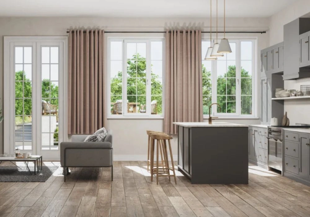 Dusty pink curtains in modern kitchen