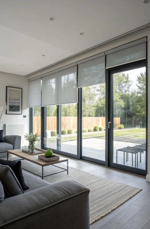 Light grey glass door roller blinds