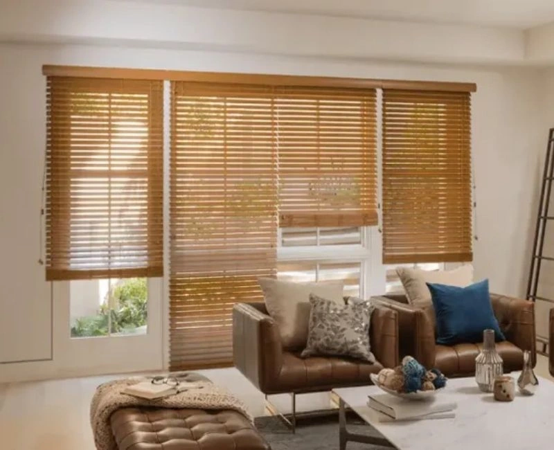 Light oak wooden blinds sitting area