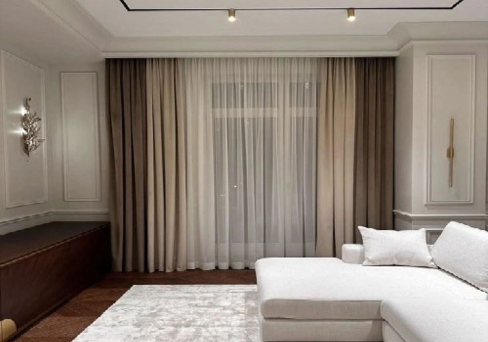 Premium living room neutral curtains installation Dubai