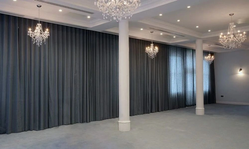 Dark grey linen curtains large hall