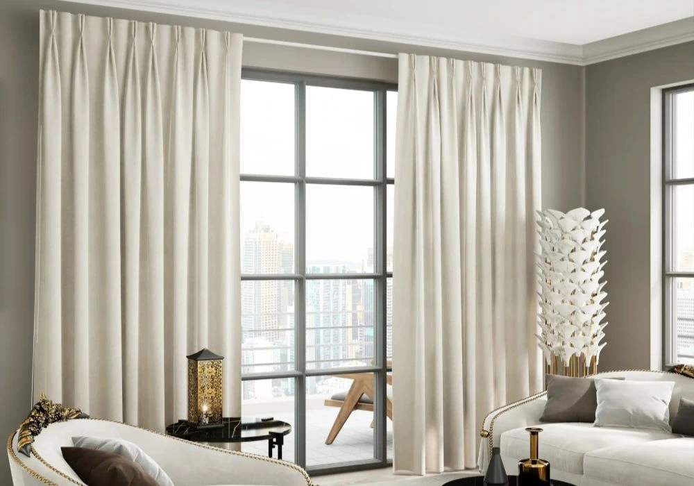 Off white pleated linen curtains lounge