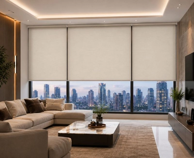 Premium beige motorized living room blinds