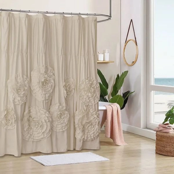 Cream 3D floral ruffled shower curtain