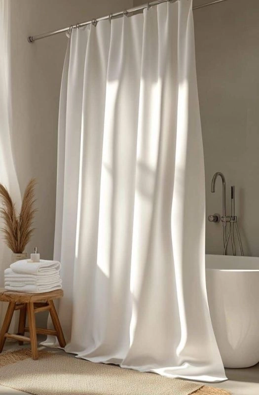 Plain white long hanging shower curtain
