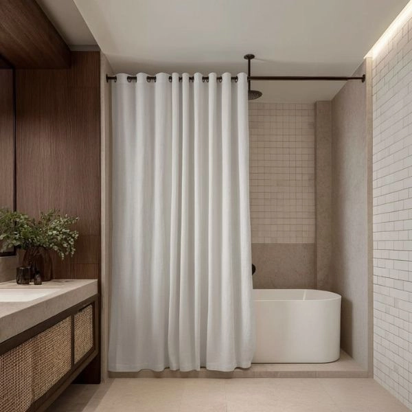 White ring top shower curtain hanging