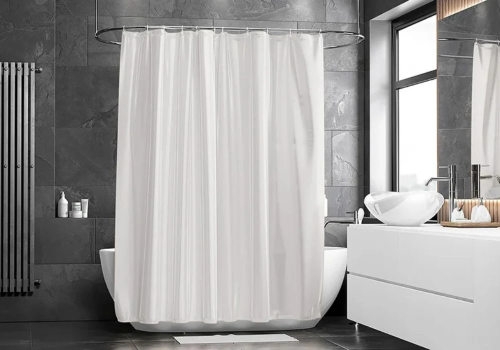 Plain white shower curtain dark tile
