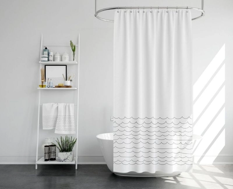White shower curtain black wave pattern