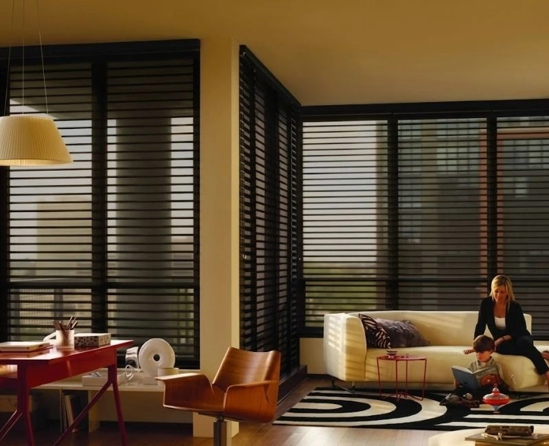 Dark charcoal wooden blinds modern room