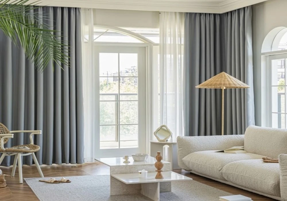 Slate grey linen curtains with sheers