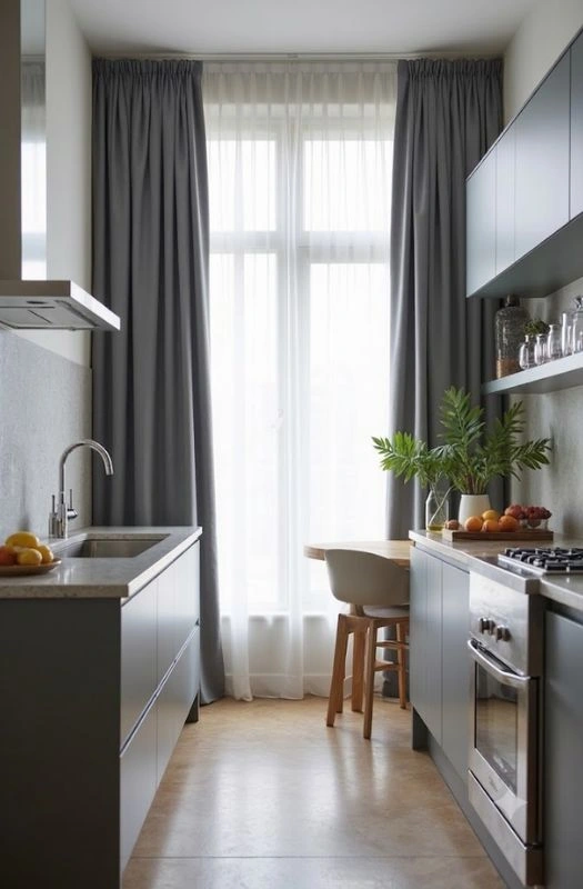 Grey floor length curtains over sheers