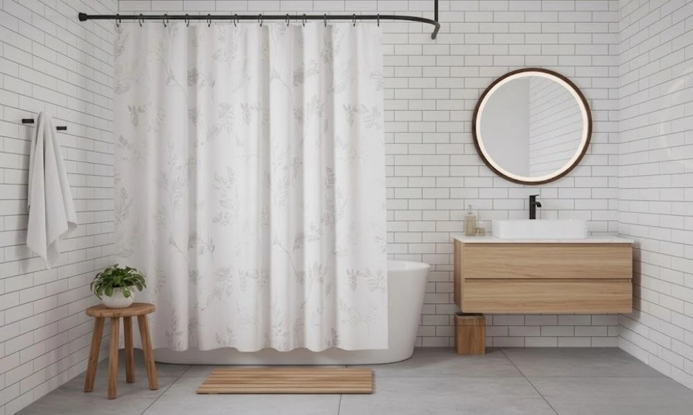 White leaf printed shower curtain bathroom