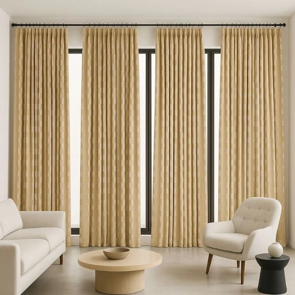 Warm yellow pleated linen curtains window