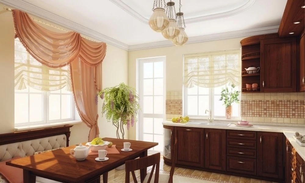 Elegant peach valance curtains on window