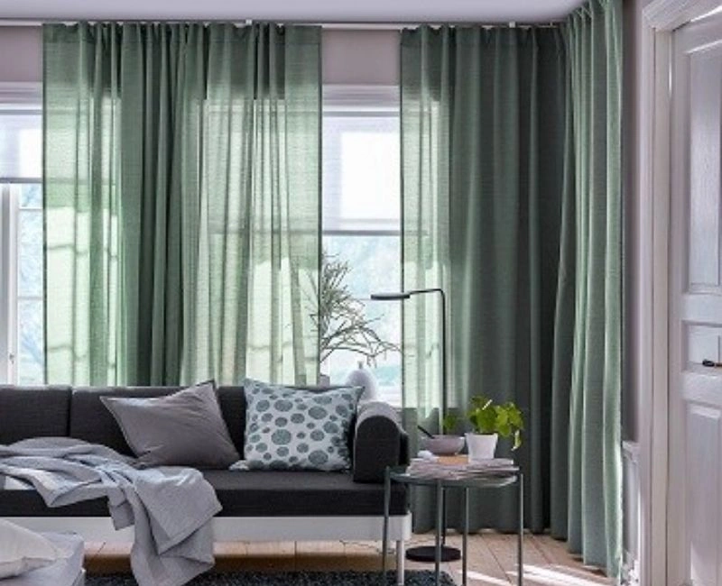 Sage green sheer linen curtains window