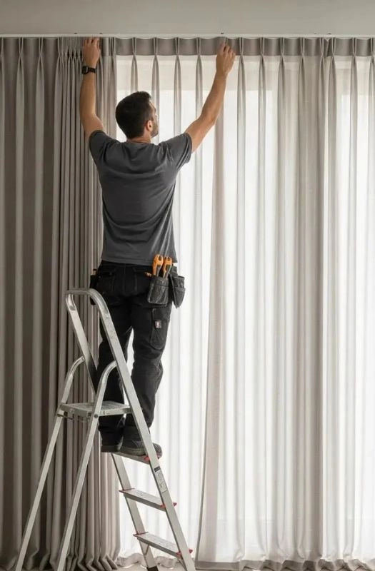 Professional technician completing drapery curtain installation