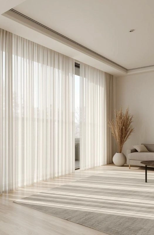Pleated neutral sheer curtains spacious elegant lounge
