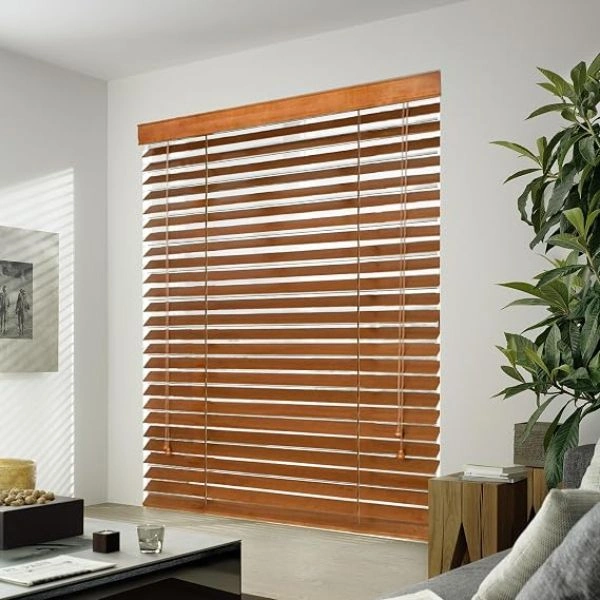 Honey oak wooden Venetian blinds window