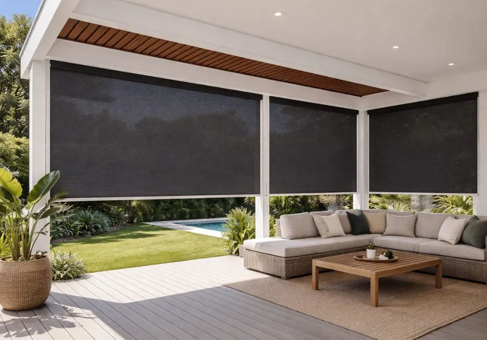 Dark outdoor patio sun roller blinds