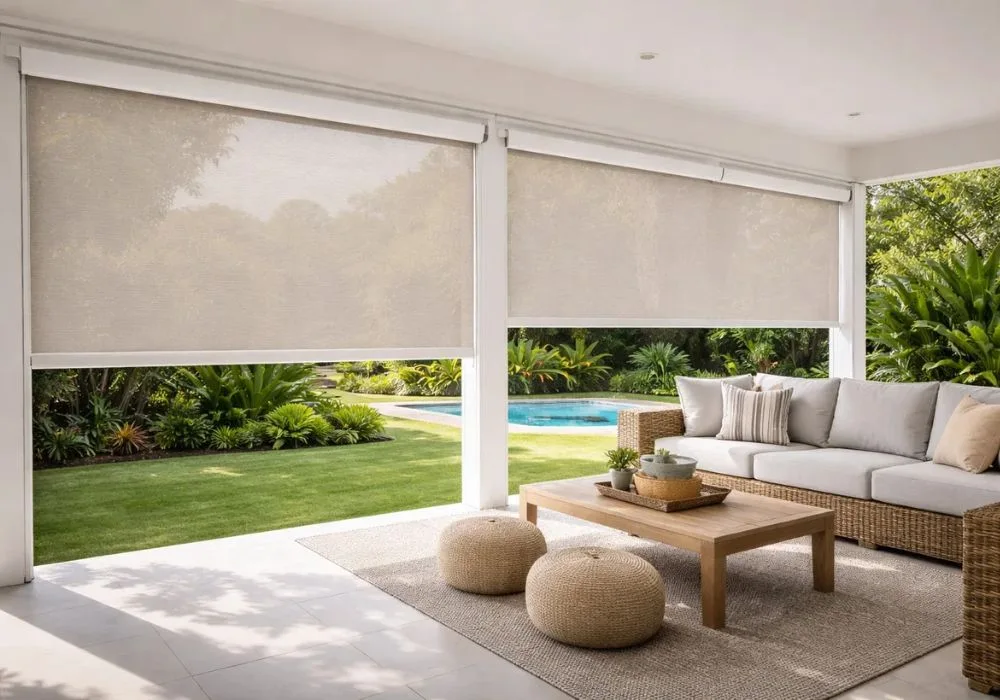 Beige exterior patio sun roller blinds