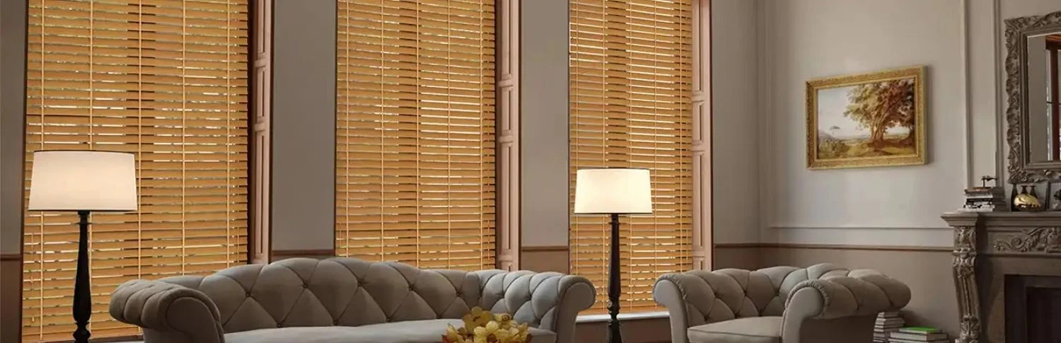 Light pine wooden blinds living room