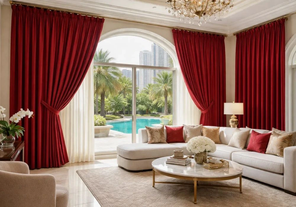 Luxury red living room curtains poolside view