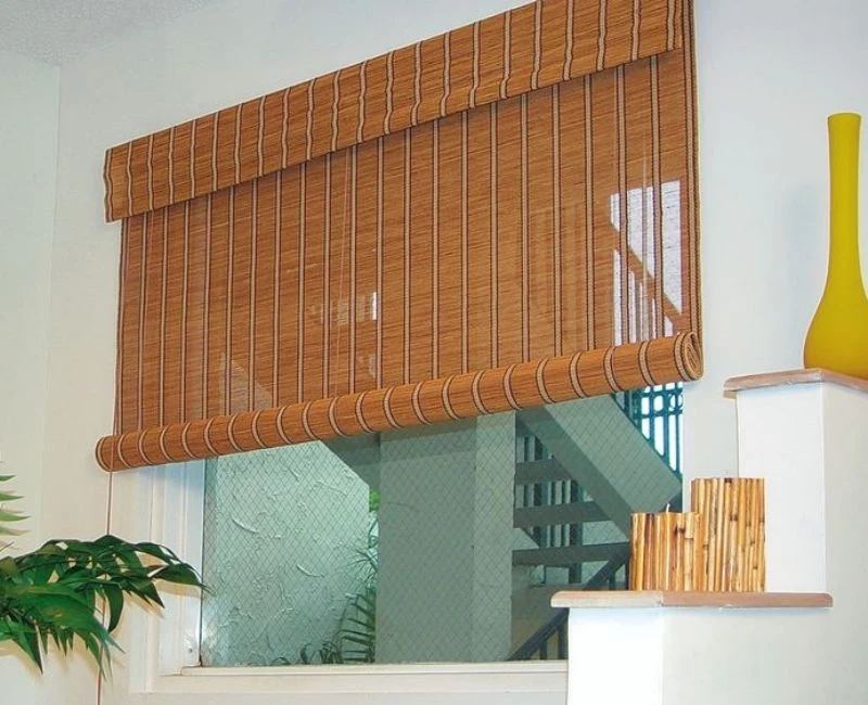 Striped brown bamboo roller window blinds