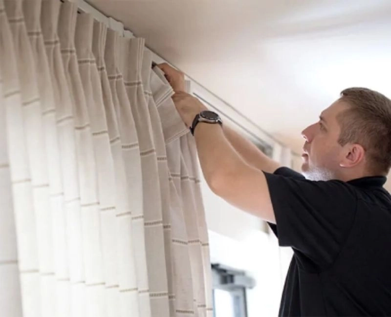 Detail view of professional curtain installation