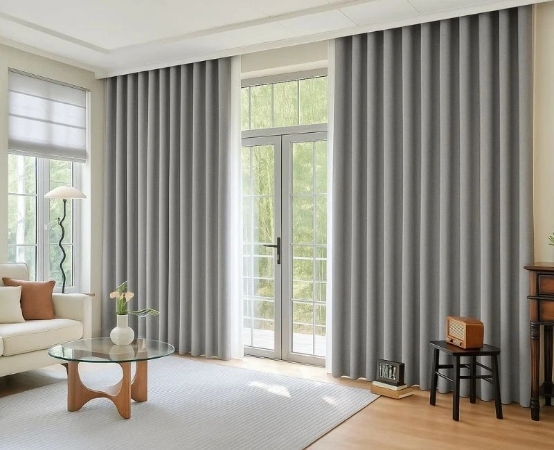 Grey wave fold linen curtains patio
