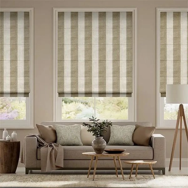 Striped beige fabric roman blinds living