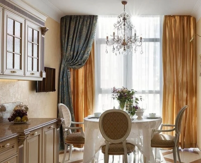 Luxurious gold and blue kitchen drapes