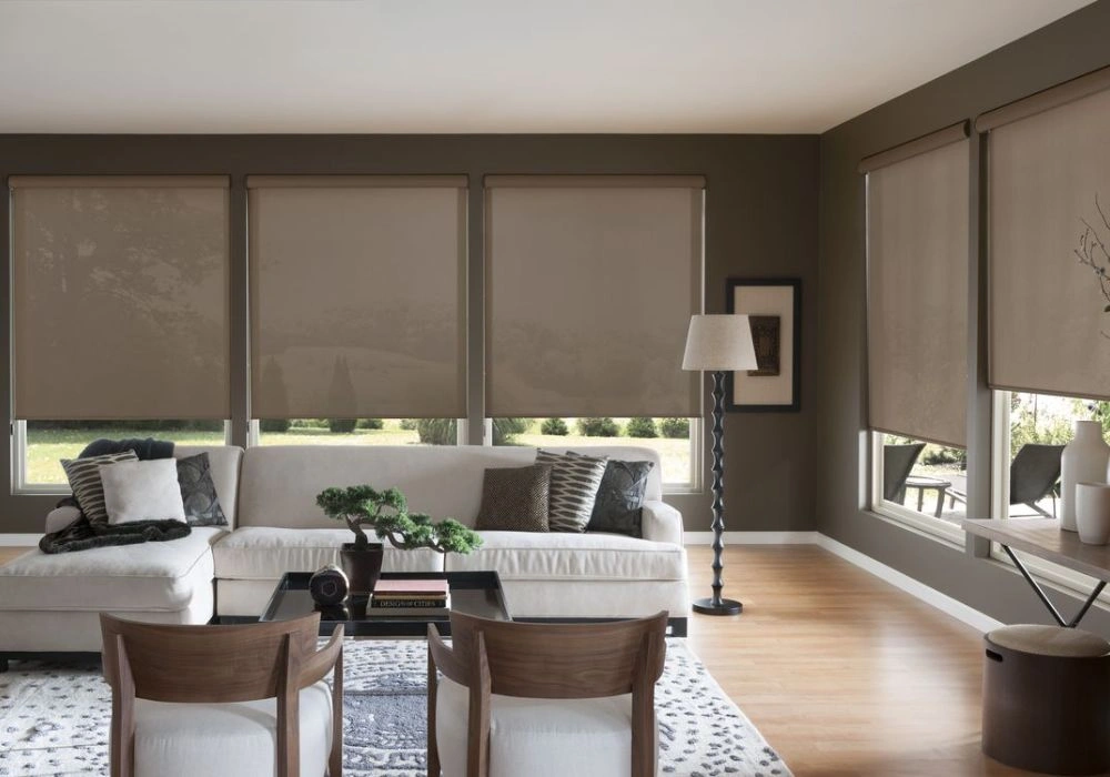Warm taupe living room blackout blinds