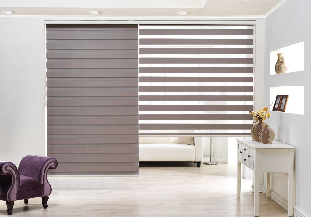 Soft taupe zebra blinds modern interior