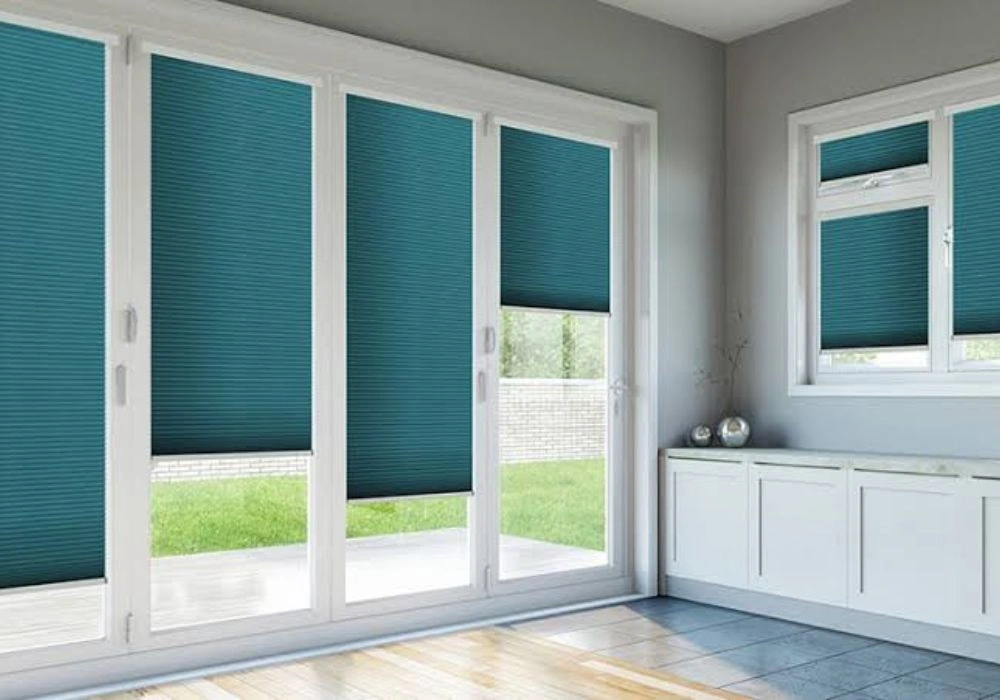 Teal blue glass door blackout blinds