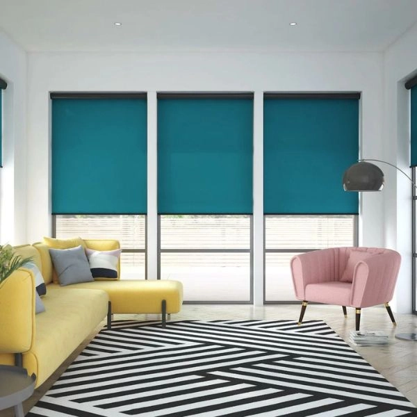 Teal blue living room blackout blinds