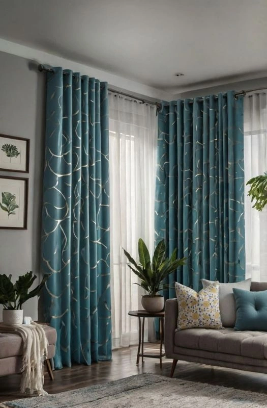 Patterned teal blue linen curtains living
