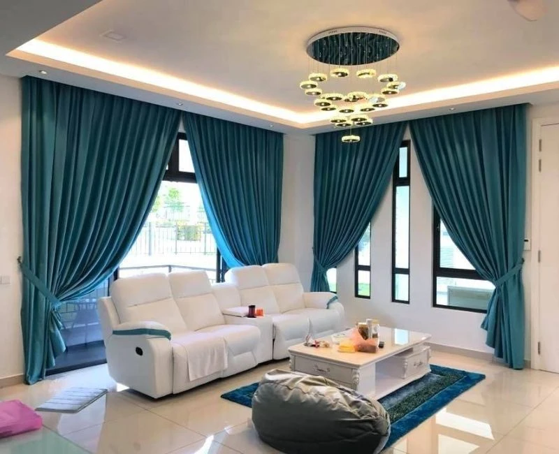 Elegant teal living room curtains white sofa