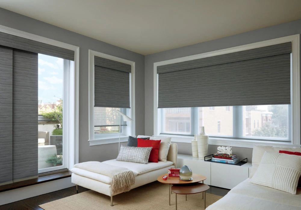 Grey textured woven fabric roller blinds