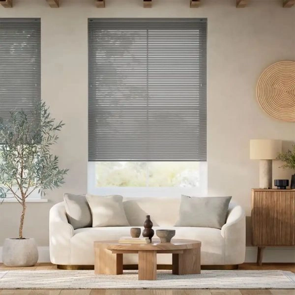 Grey Venetian blinds white sofa lounge