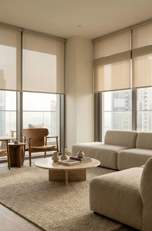 Warm beige translucent living room blinds